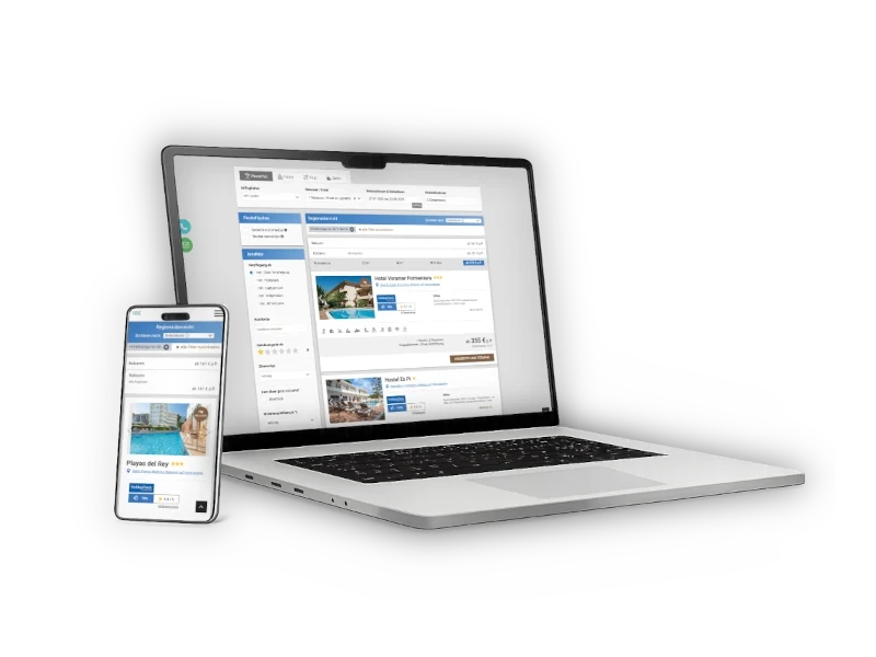 Buchungsmaske IBE mit vernetzten Hotels auf einer Webseite (Laptop und Handy)