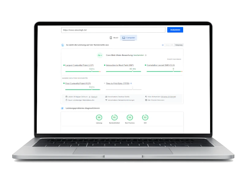 Google Pagespeed unserer Umzugs-Webseite auf einem Laptop